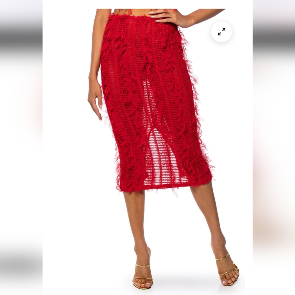 AKIRA Vibrant Red Mesh Midi Skirt - Picture 2 of 4